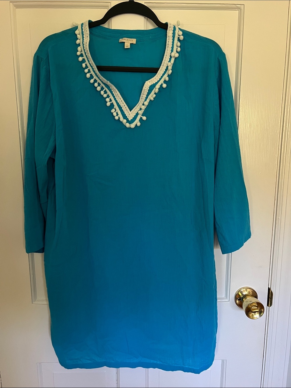 Turquoise Pom-Trim Lightweight Gauzy Cover-Up Dress